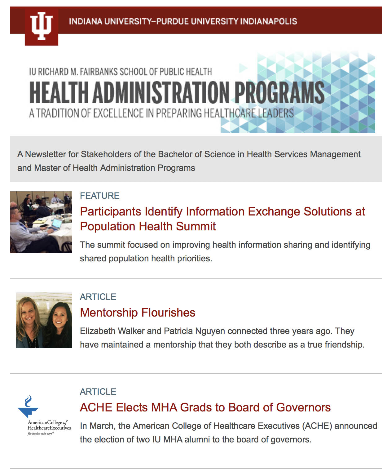 health administration newsletter screenshot